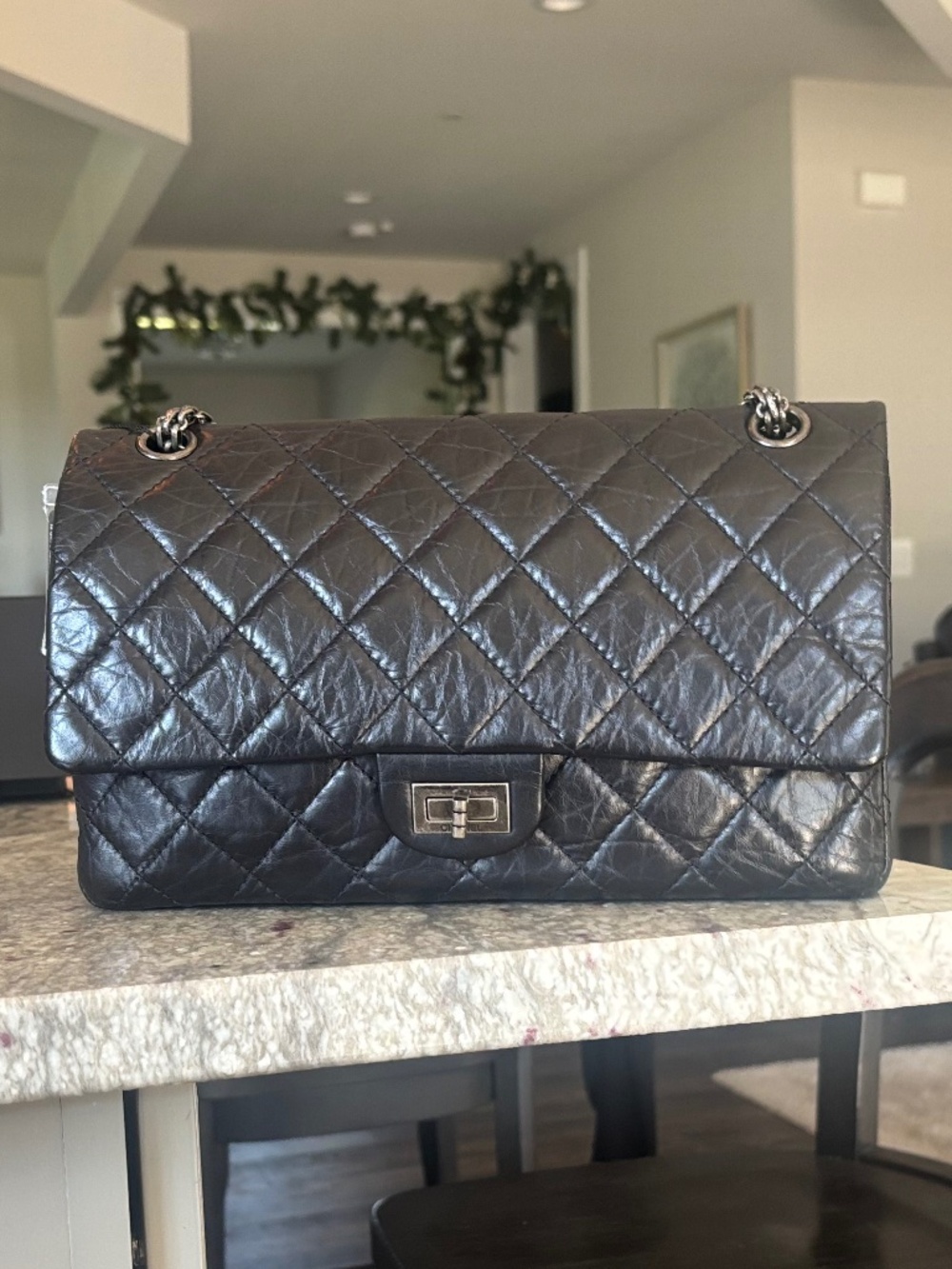 CHANEL 2.55 Reissue 226 Black Aged Calfskin Ruthenium Hardware Double Flap AUTH